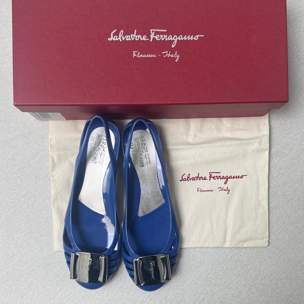 Salvatore Ferragamo Royal Blue Patent Vara Bow Slingback Flats